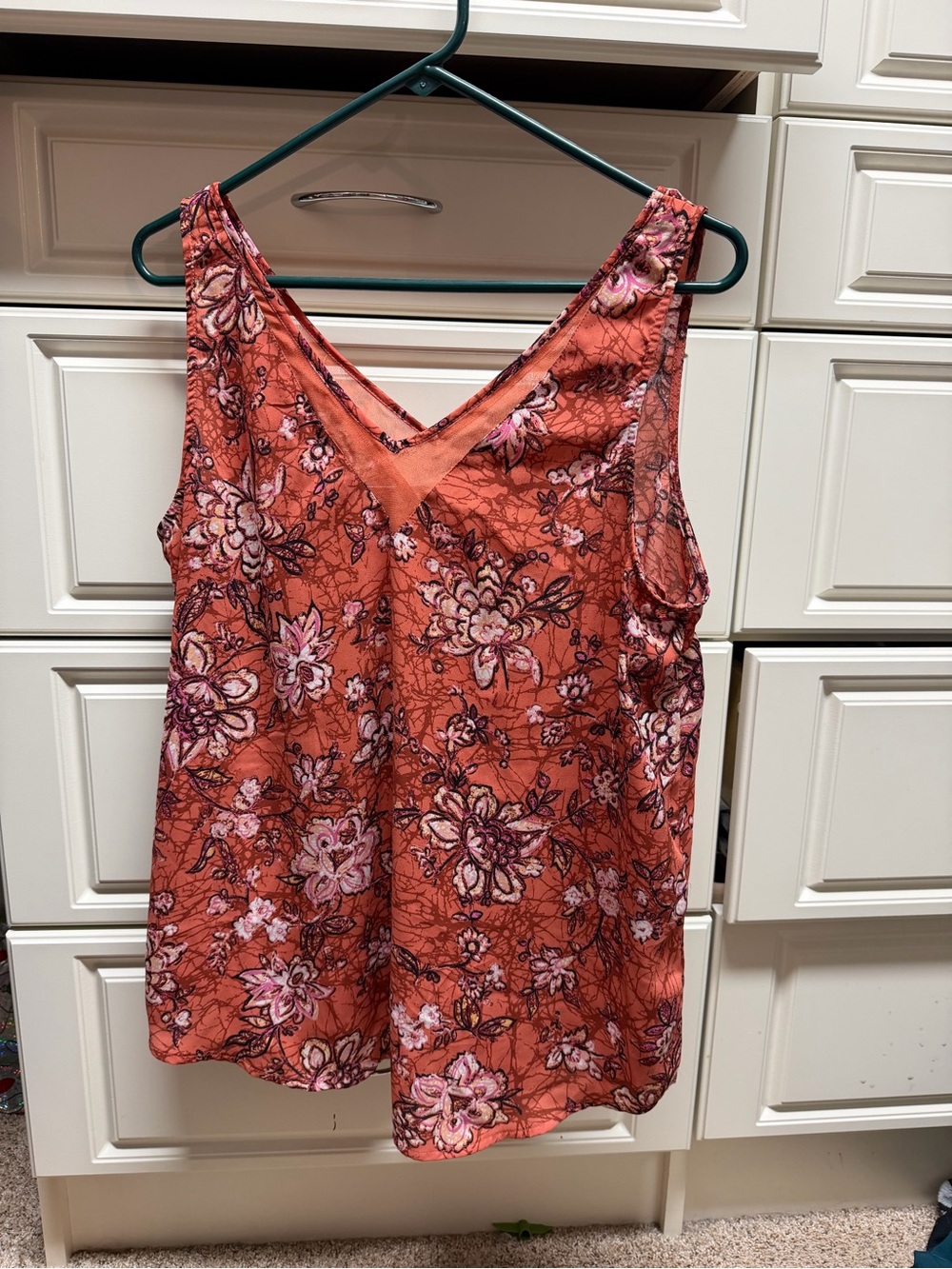 Maurices Womens Large Floral Blouse Rust Coral Sleeveless V Neck Boho Fall Top